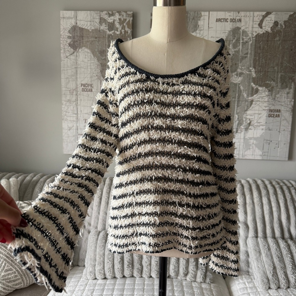 Free People Striped Eyelash Knit Bell Sleeve Sweater Cream Navy Blue Small